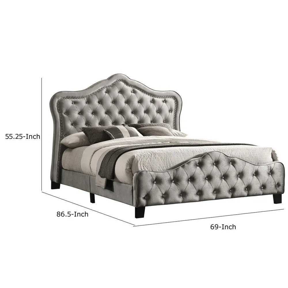 87 Inch Classic Upholstered Queen Size Bed, Scalloped, Button Tufted, Gray By Casagear Home