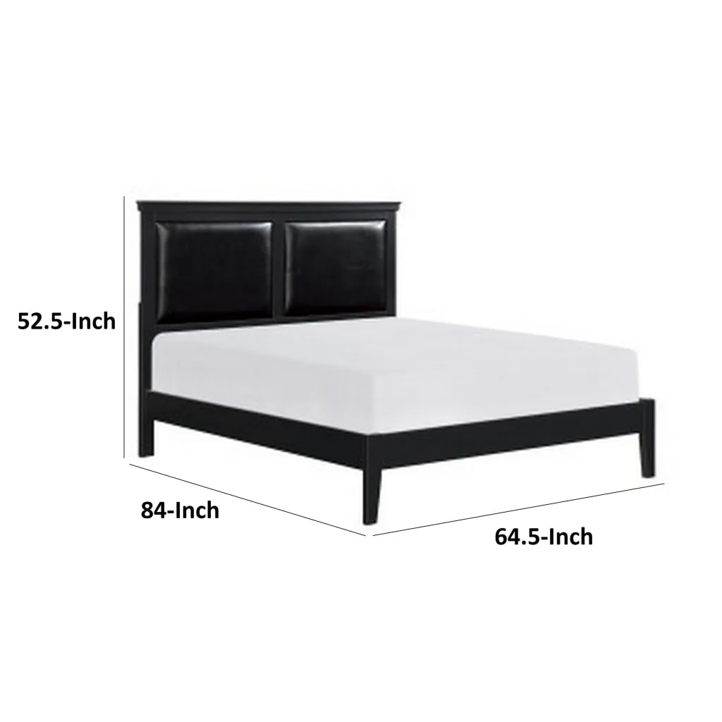 Brite Queen Size Bed, Black Faux Leather Upholstered Headboard, Low Profile By Casagear Home