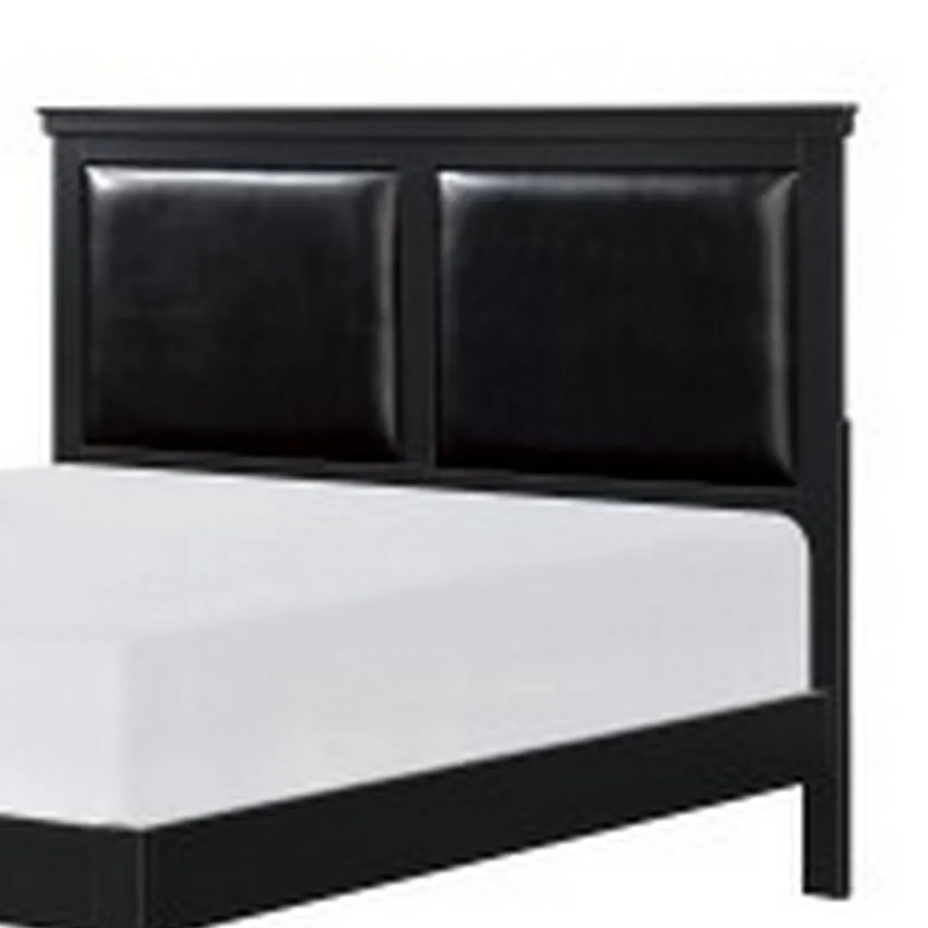Brite Queen Size Bed, Black Faux Leather Upholstered Headboard, Low Profile By Casagear Home