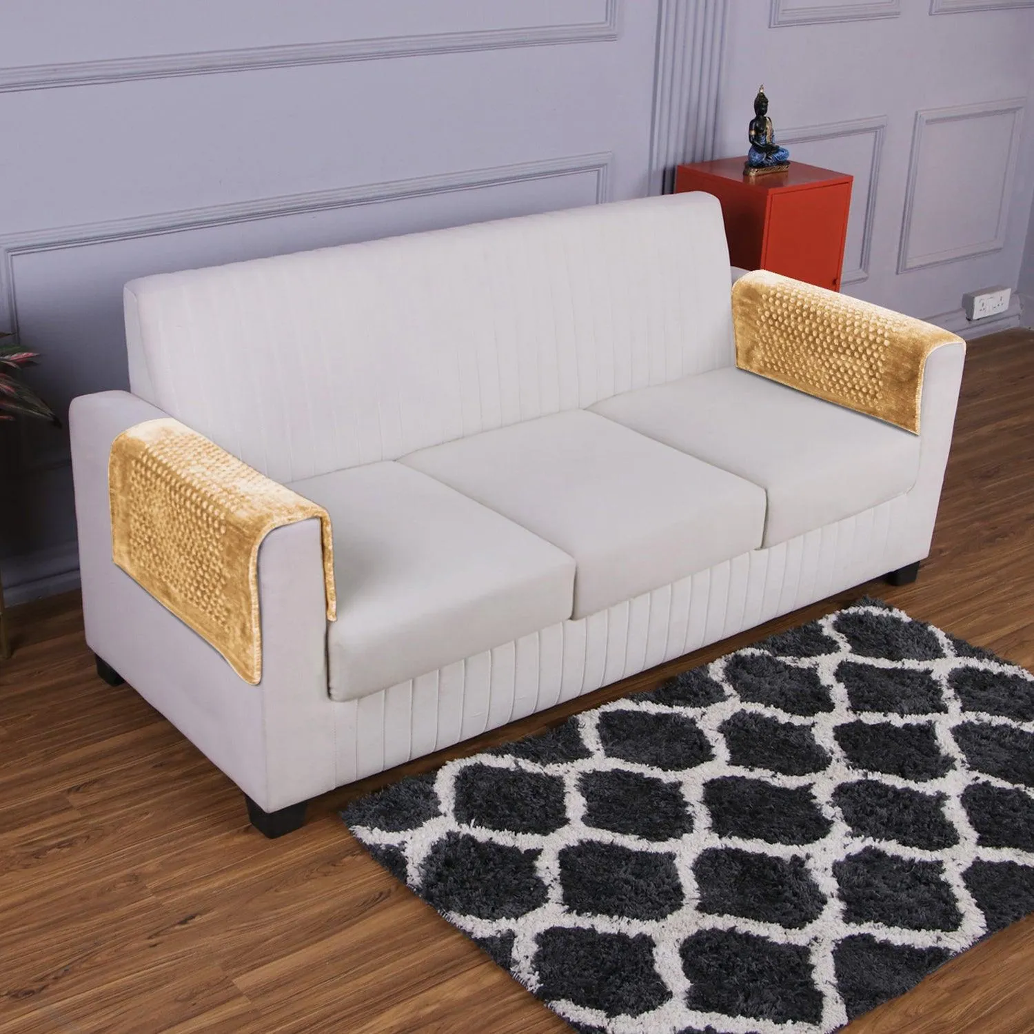 HOKIPO 2 Pcs Handloom Thick Poly Velvet Reversible Sofa Armrest Cover, Buff Cream