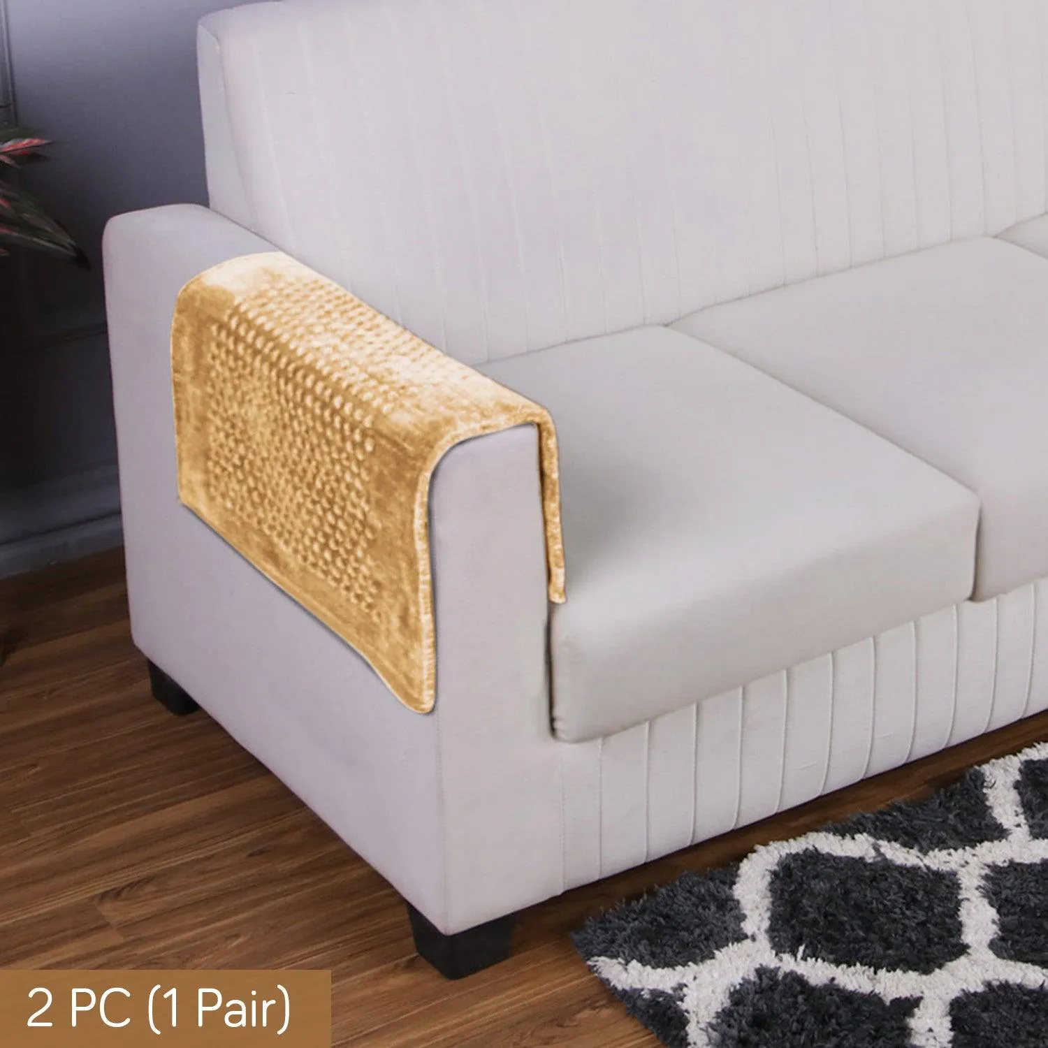 HOKIPO 2 Pcs Handloom Thick Poly Velvet Reversible Sofa Armrest Cover, Buff Cream
