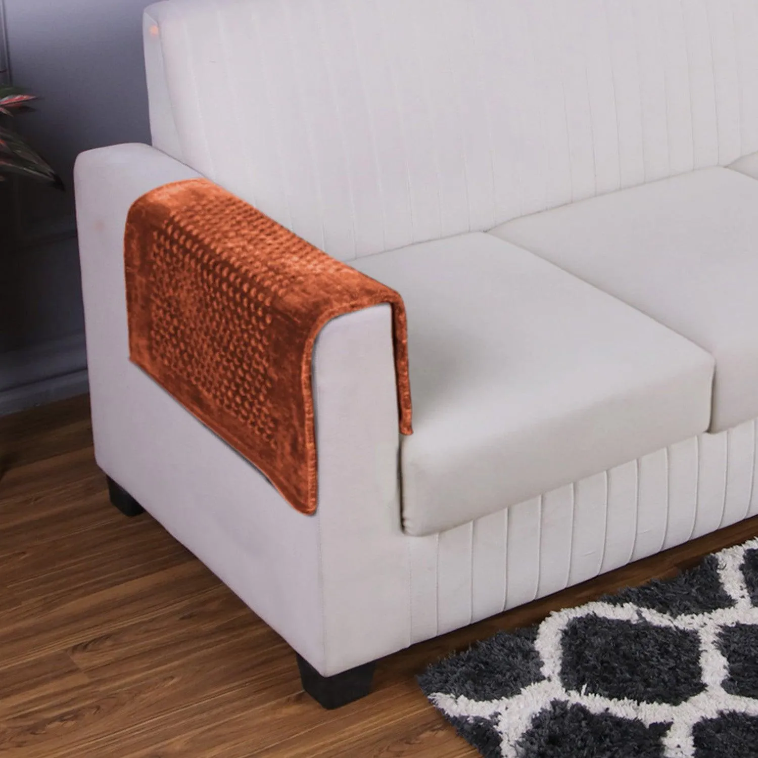 HOKIPO 2 Pcs Handloom Thick Poly Velvet Reversible Sofa Armrest Cover, Rust Brown