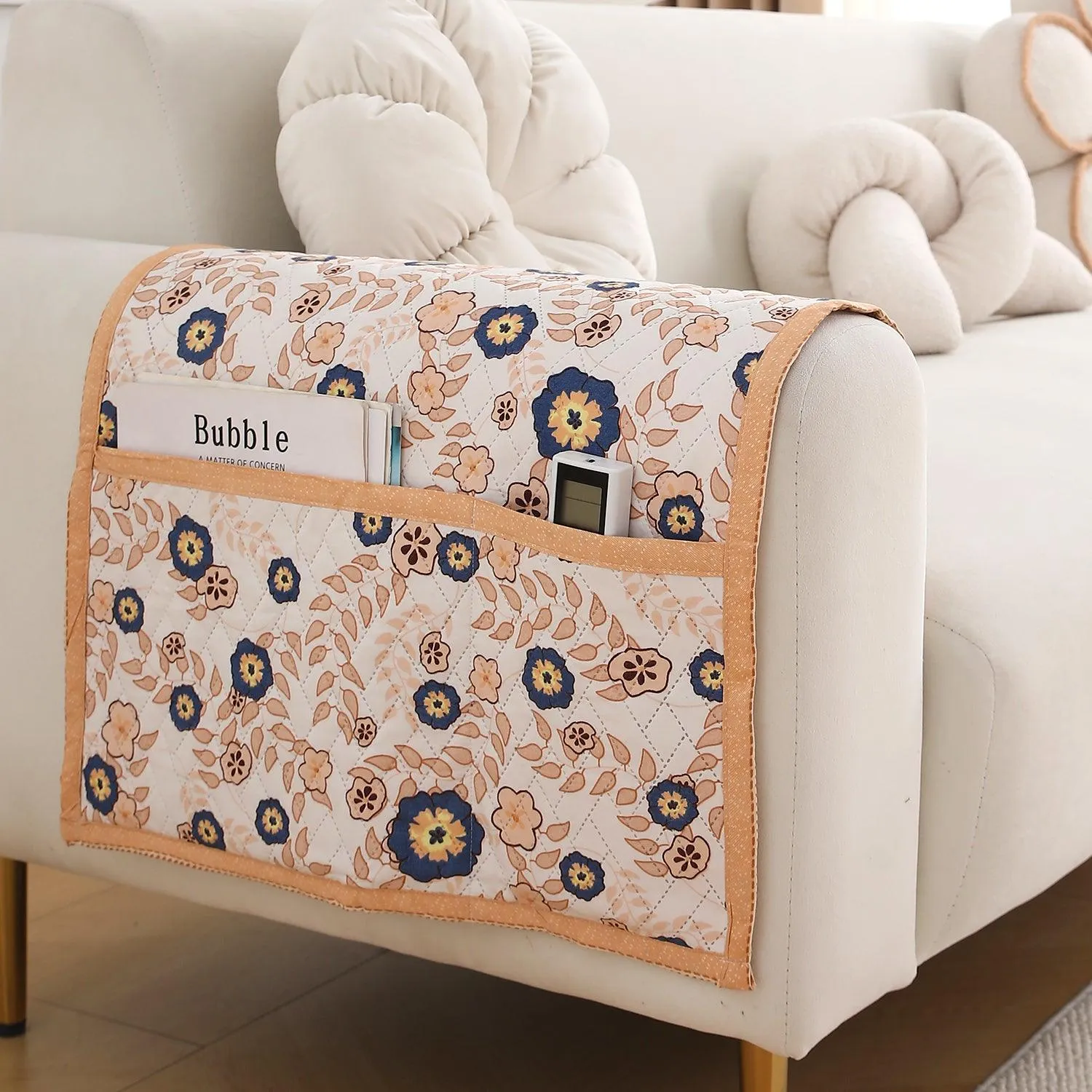HOKIPO 2 Pcs Printed Quilted Sofa Armrest Cover, Light Peach Candytuft
