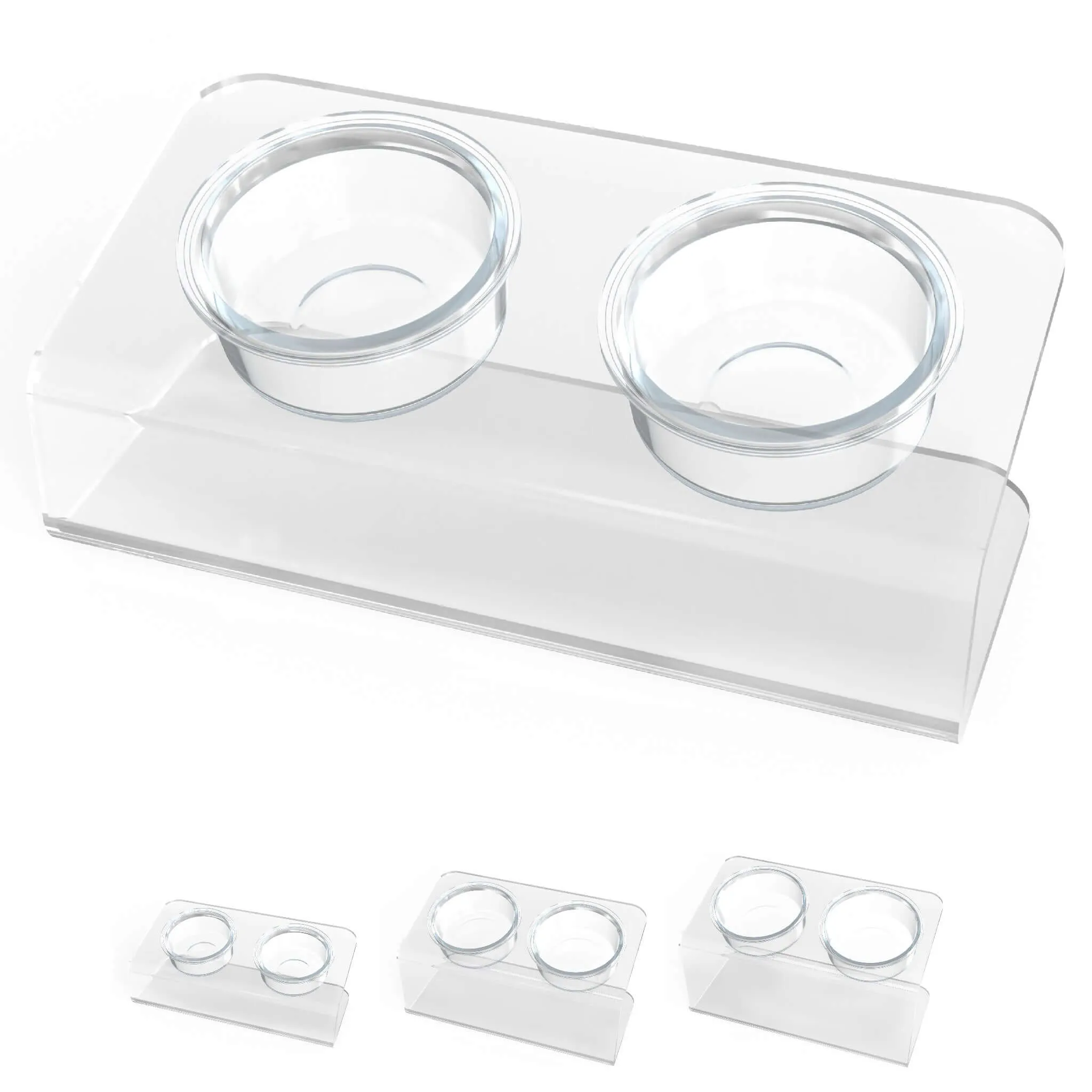 Modern Acrylic Glass Bowl Feeders, Angled Style, Double Bowl