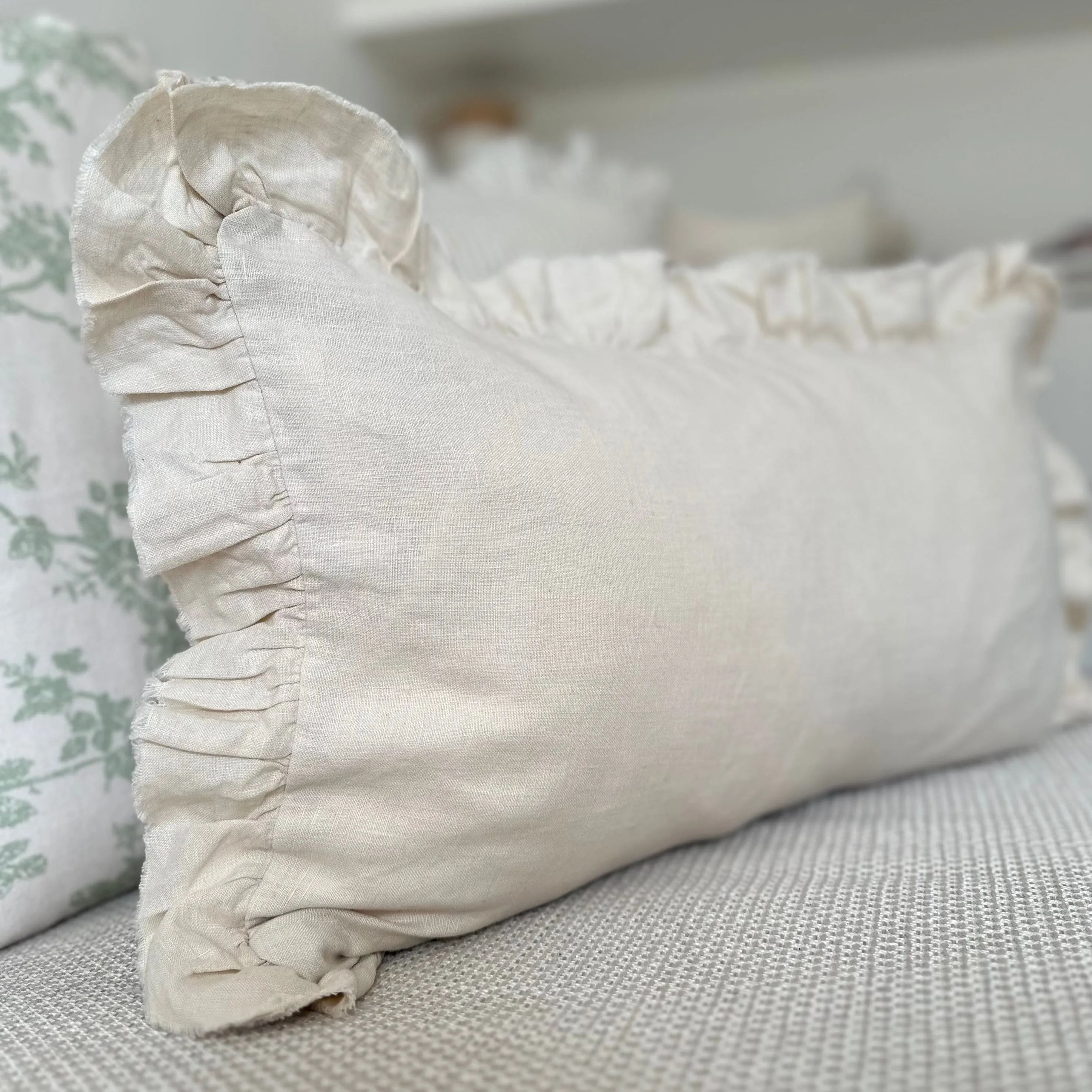 Rectangle Cream Ruffled Edge Linen Cushion 50x30cm