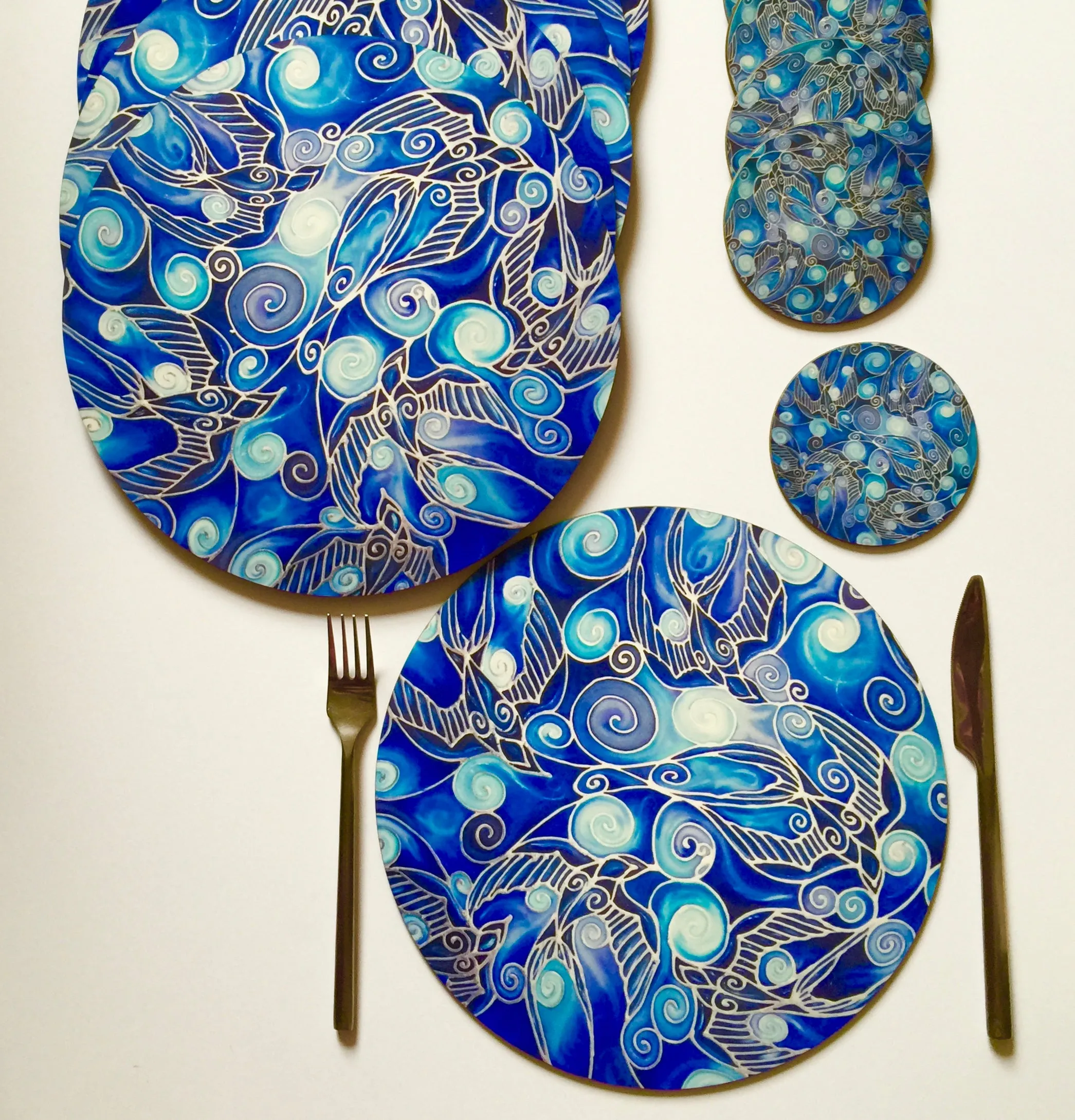 Table Mats Cobolt Blue -  Blue Swallows Place Mats - Blue Glass Chopping Boards -Swallows Coasters