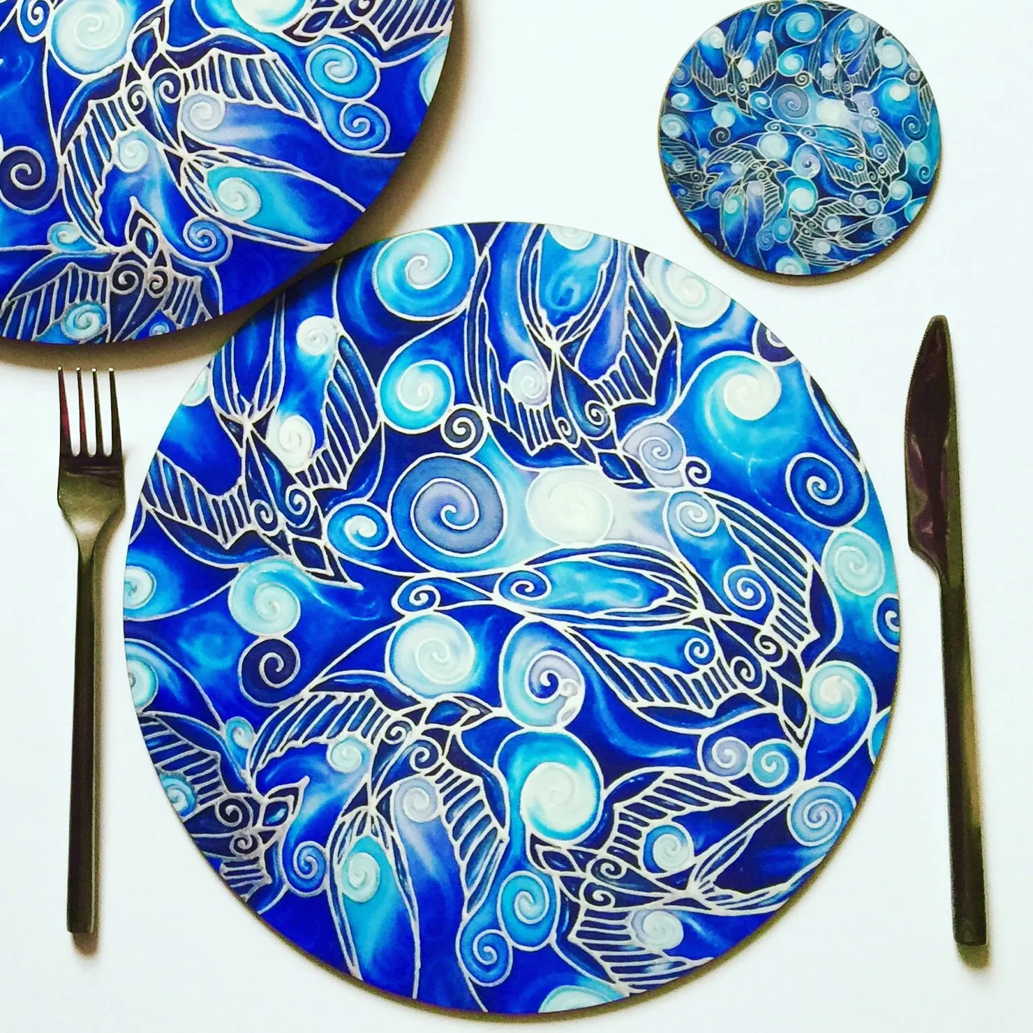 Table Mats Cobolt Blue -  Blue Swallows Place Mats - Blue Glass Chopping Boards -Swallows Coasters