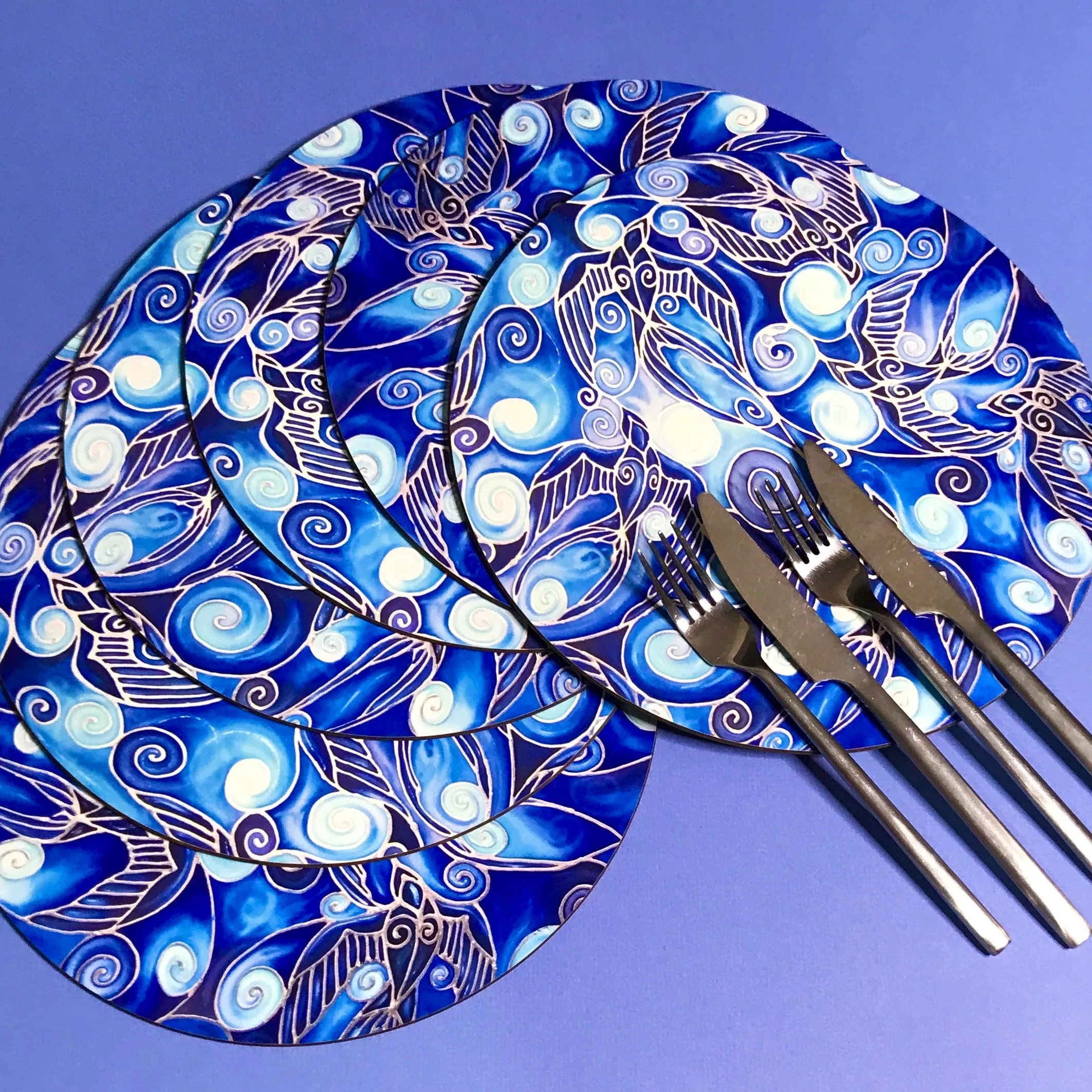 Table Mats Cobolt Blue -  Blue Swallows Place Mats - Blue Glass Chopping Boards -Swallows Coasters